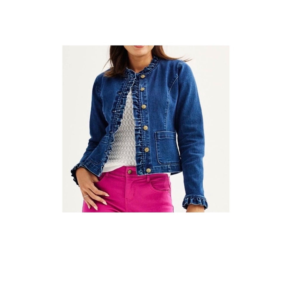 Draper James RSVP Ruffle Denim Jacket XS Button Front Romantic‎ Fitted Stretch - Picture 12 of 12